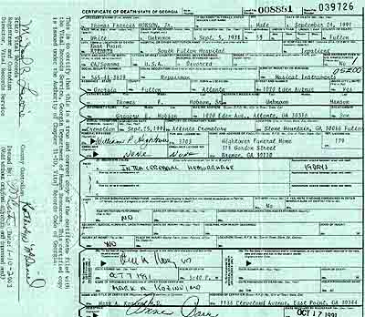 Tom Hobson Death Cert